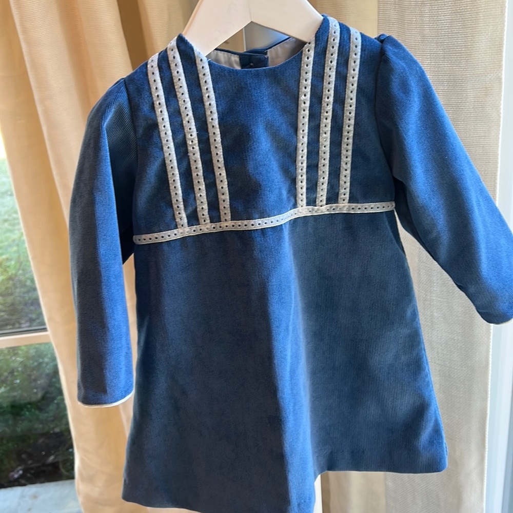Dondolo Blue Corduroy Dress with cream trim, size 2